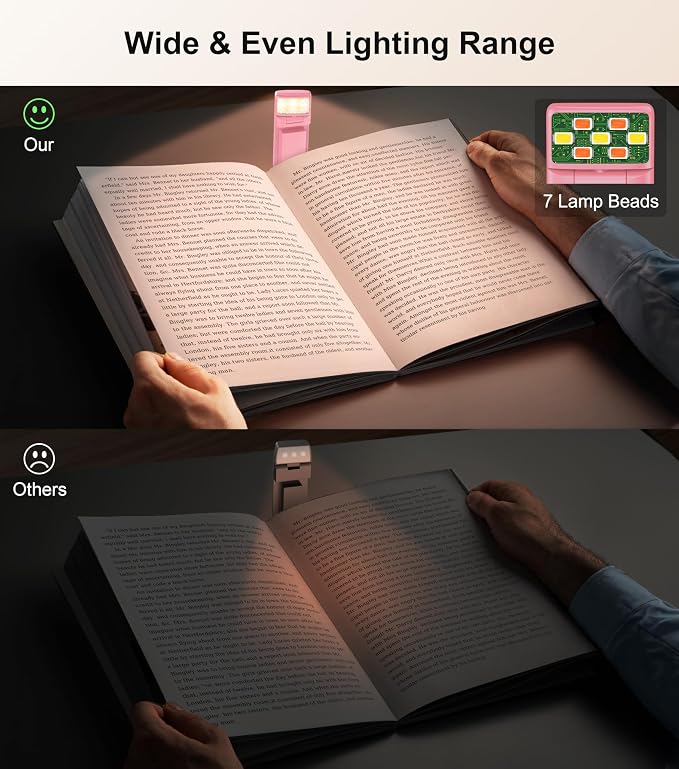 Gritin Book Light Rechargeable, Clip on LED Reading Light for Books in Bed | Eye Caring 3-Color & 5-Brightness, Stepless Dimming, Long Lasting, Compact Size Flexible Book Lamp for Bookworms-Warm Pink