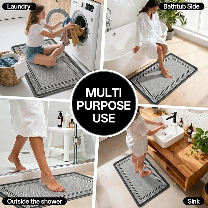 24"×35" Non Slip Bath Mat with Rubber Backing, Absorbent Quick Dry Bath Mats Washable, Low Pile Bathroom Rugs Fit Under Door for Bathroom Floor, Shower and Sink, Grey
