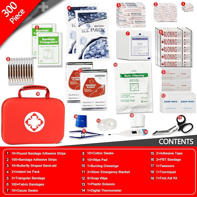 300PCS Home First Aid Kit for Hiking Car Home Emergency Kit First Aid Handheld Bag Multiple Purpose Case Outdoor Backpacking Gear for Disaster Preparedness Red
