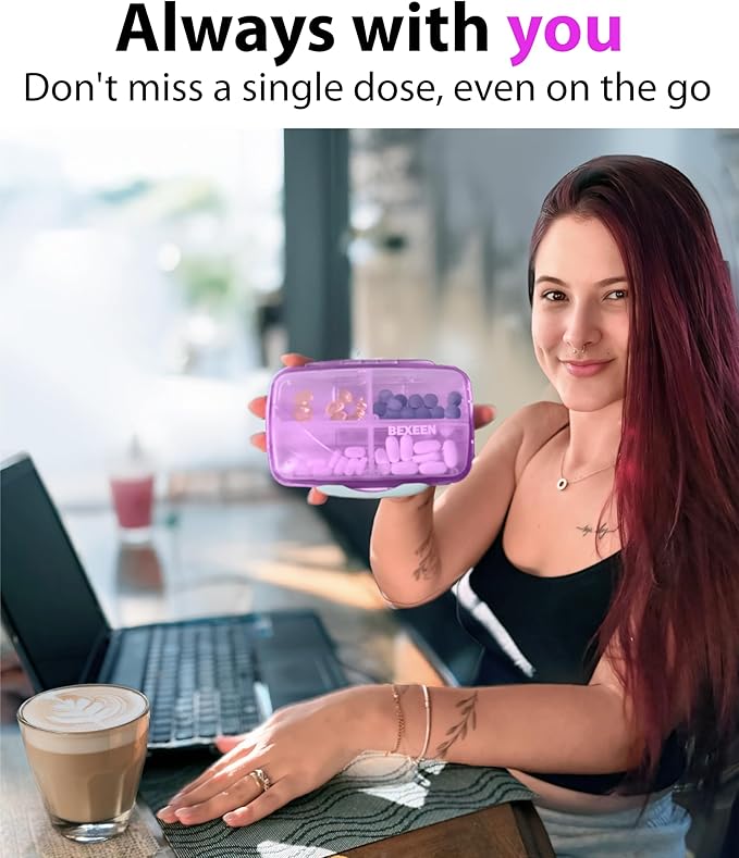 Travel Pill Organizer – Moisture-Proof Medicine Pill Organizer with Labels, 8 Compartment Pill Box Case for Vitamins & Supplements, Portable Pocket Pharmacy (Purple)