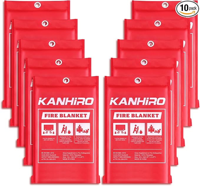 kanhiro Emergency Fire Blanket for Home Kitchen Fiberglass Fire Suppression Blanket Great for School, Fireplace, Grill, Car, Office, Warehouse (10 Pack, 39 in X 39 in)