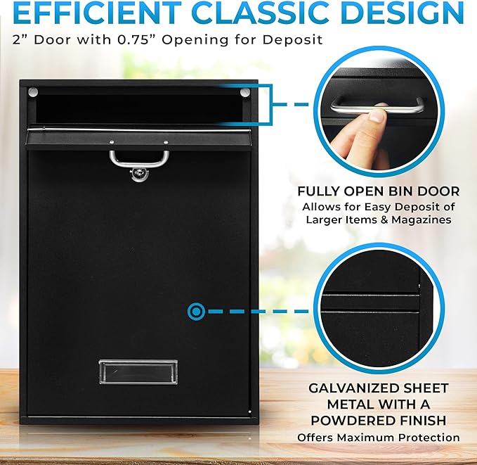 Wall Mounted Locking Vertical Dropbox Mailbox - Safe and Secure (Large) | Made with Galvanized Steel (Black)
