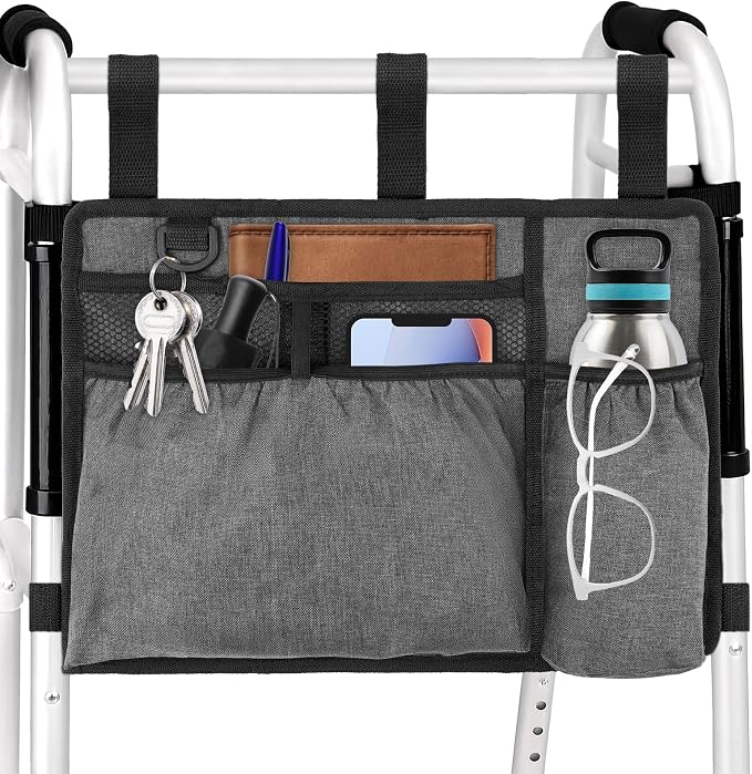 Walker Accessories, Foldable Walker Basket with Cup Holder (Gray) | Walker Bag Carry Storage Pouch Water-Resistant for Seniors, Elderly, Handicap