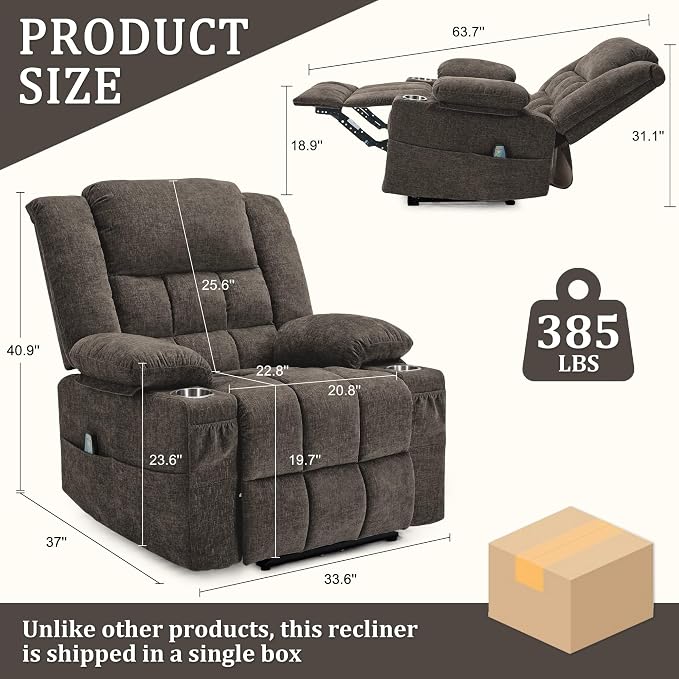 Korser Recliner Chair, Wall Hugger Recliners for RV with Massage and Heating, Zero-Gravity Recliner, Electric Power Recliner Chair for Living Room, Bedroom, Home, Theater Seating (Brown)