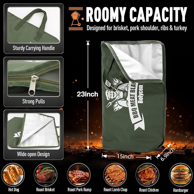Upgraded BBQ Blanket for Resting Meat -Smoker Accessories Insulated Meat Resting Bag with Wide Mouth for Brisket/Steak/Pork Shoulder/Turkey - BBQ Accessories Grilling Gifts for Men (Green, 23inch)