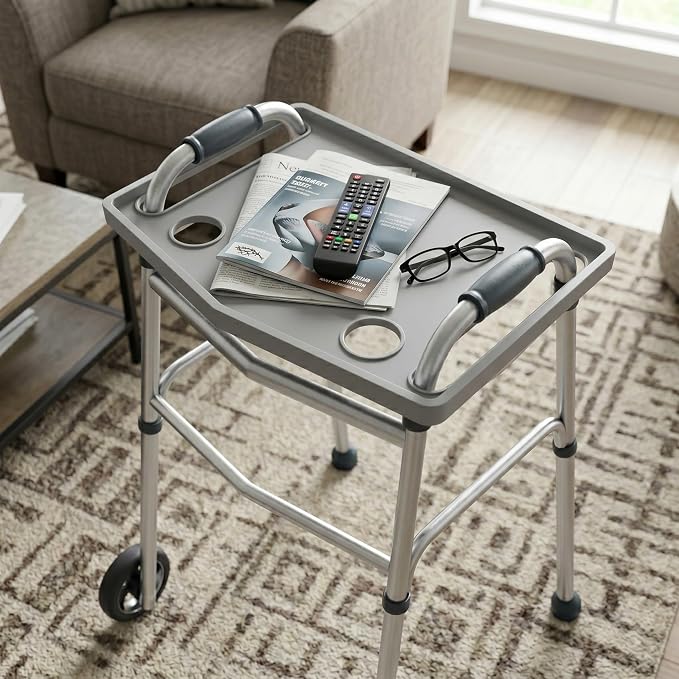 Bluestone Walker Tray Table with 2 Cup Holders - Mobility Table Tray for Folding Walkers - Home Medical Equipment Accessories (Gray)