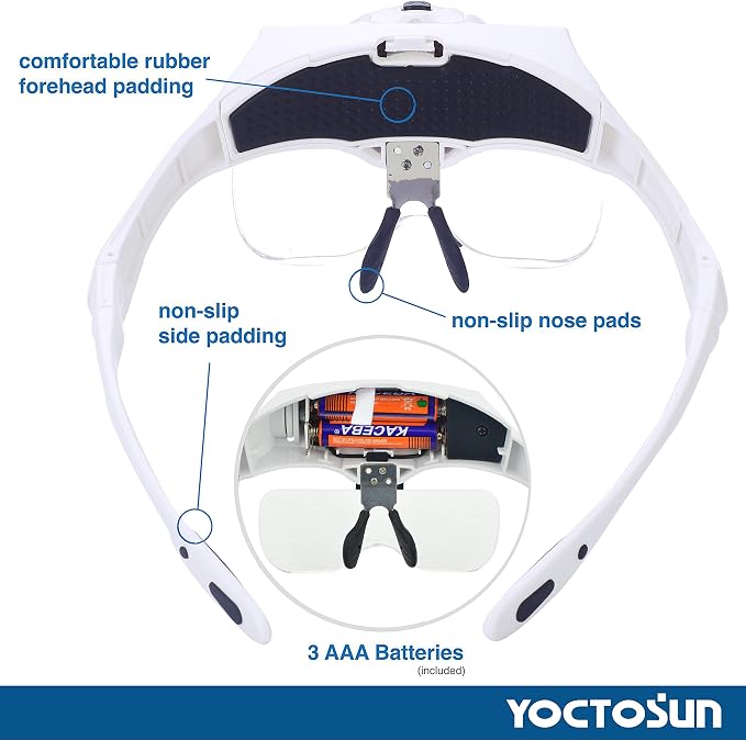 YOCTOSUN Magnifying Glasses with Light, LED Head Magnifier with 5 Lenses, Headband, Storage Case, Hands Free Lighted Head Magnifying Visor for Close Work Hobby Crafts