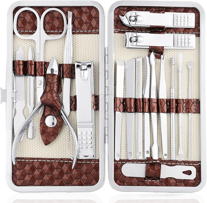 Nail Clippers Set 18 Pieces Stainless Steel Manicure Kit, Professional Grooming Kits, Nail Care Tools with Luxurious Travel Case