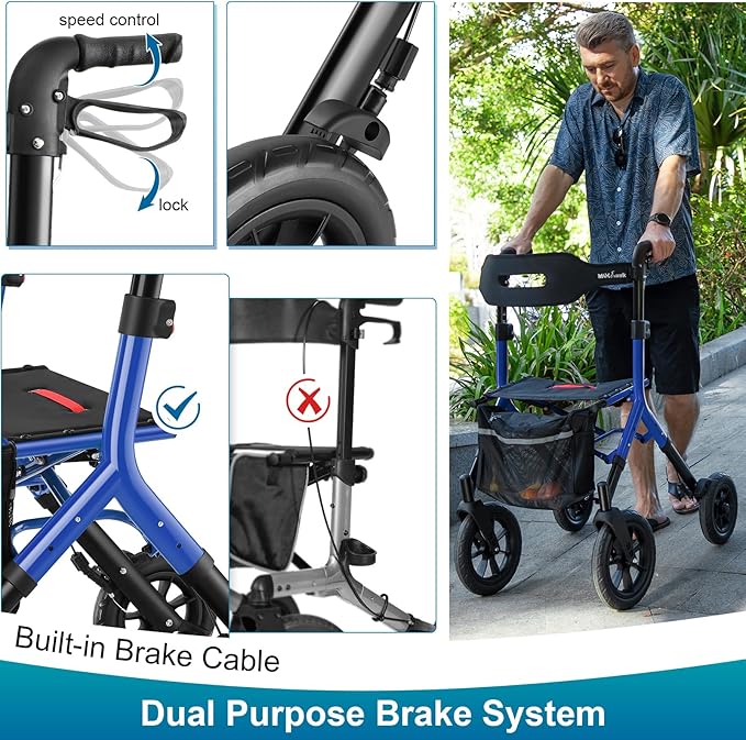 Rollator Walker with Seat, Tall Walkers for Seniors, 12" Big Rubber Wheels All Terrain Rollator Walker with Backrest, Built-in Cable, Foldable and Dual Adjustable Height for 5.3-7ft, Blue