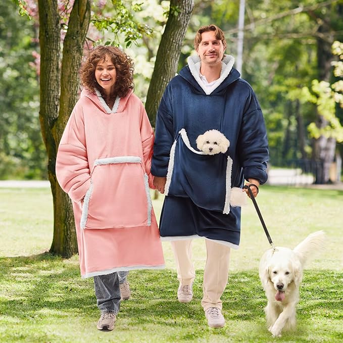 JOYWOO Pink Oversized Wearable Blanket Hoodie,Cat lovers Long Hoodie Blanket for Adult,Birthday Gifts for Women Men Mom,Cozy Sherpa Sweatshirt Hooded Blanket Giant Pocket Gifts,Mellow Rose Oversize