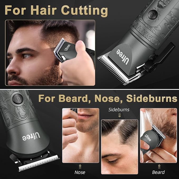 Ufree Hair Clippers for Men, Cordless Beard Trimmer, Grooming Kit, Gray | T-Blade, 6500RPM, 1-22mm Adjustable Comb, Type-C, 180min Runtime, for Beard, Stubble, Nose and Crisp Edges, Men Gift