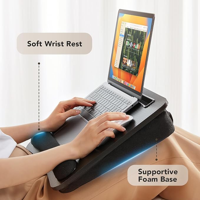 HUANUO Laptop Lap Desk - Portable Lap Desk with Pillow Cushion, Fits up to 15.6 inch Laptop, with Anti-Slip Strip & Storage Function for Home Office Students Use as Computer Laptop Stand- Black