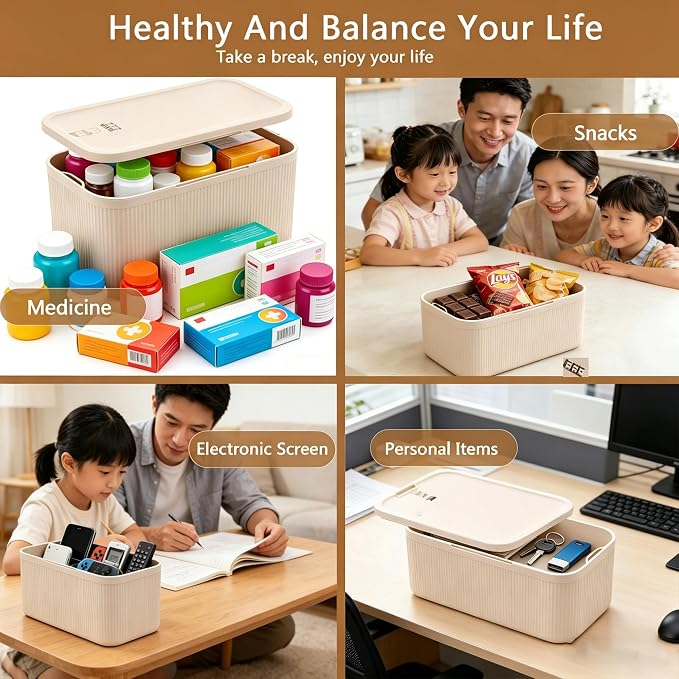 Lockable Storage Box, Plus Lock Box with Code – 2 inch Taller Version for Medication Safe, Phone Jail, Food Snacks, First Aid Kits, Refrigerator, Office, School, Home, Travel Gift (Beige)