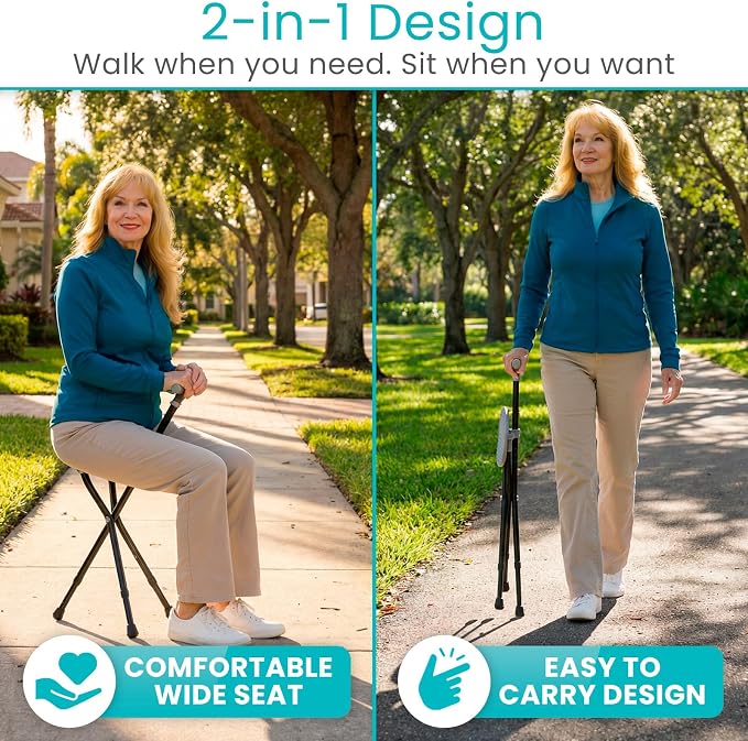 Vive Cane with Seat for Seniors - 2-in-1 Portable Cane w/Stool for Adults - Adjustable Walking Stick w/Folding Chair - Lightweight Aluminium, Anti-Slip, Easy Carry