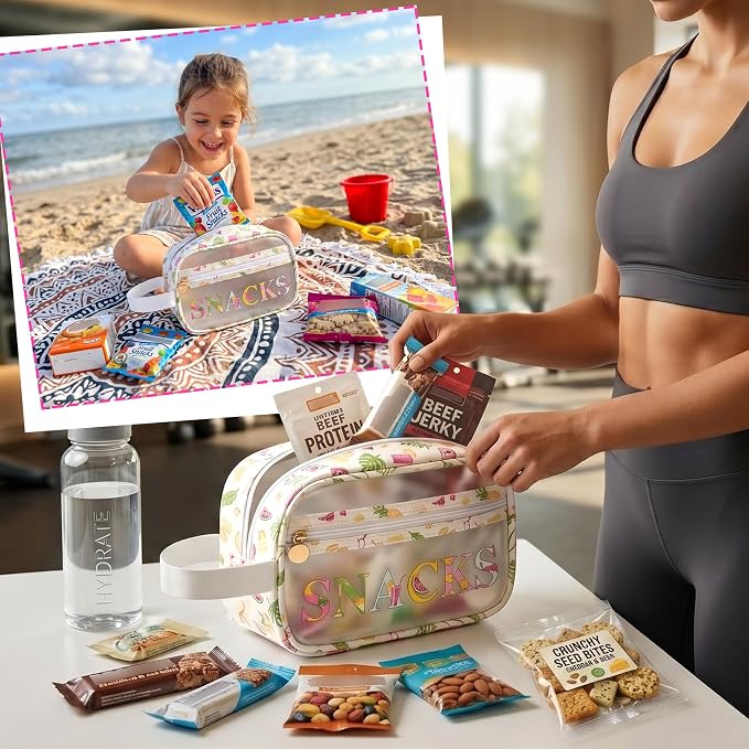 COSHAYSOO Clear SNACKS Bags Travel Pouch for Women Girls Cute Summer Beach Vacation Pool Lake Day Must Have Essentials, Teens Camp Gym Sports Park Trip Accessories Gift Bag Stuffers