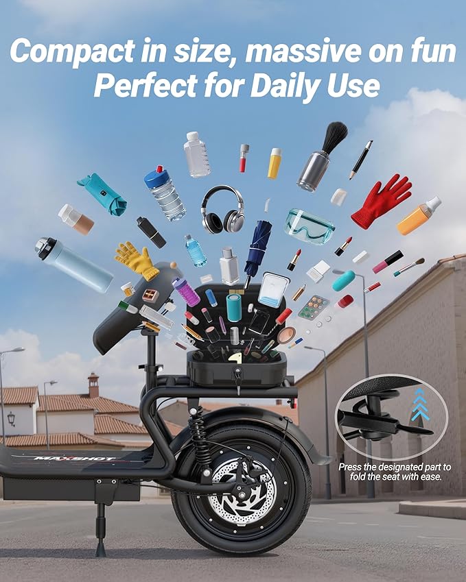 Maxshot Electric Scooter, 8.5" /10" /14" Tire, 16/19/22 Mph Top Speed, 12/16/21/27/28/49/50 Miles Long Range, Folding Escooter for Adults and Kids with Seat Bag, Dual Braking, Dual Suspension, App