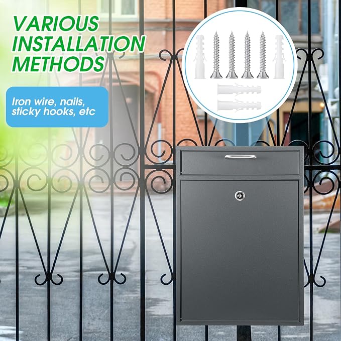 Yaocom Locking Mailbox with Key for Outdoor 16.2 x 11.2 x 4.7 Inches Large Wall Mount Mail Box with Lock Security Mail Drop Metal Collection Boxes Hanging Secure Postbox(Dark Gray)