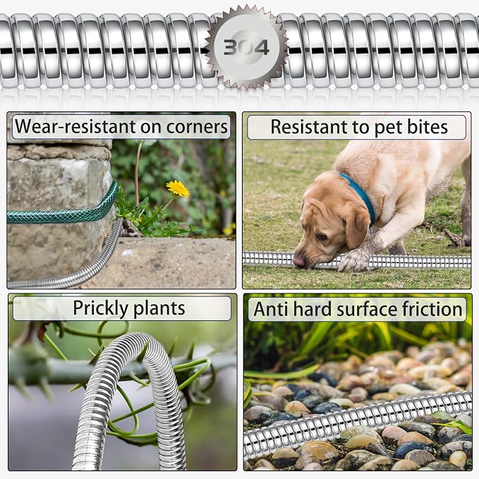 HmiL-U Silver Metal 50FT Garden Hose with 8 Function Nozzle, Heavy Duty, Kink Free, Rust-proof, Anti-puncture, Lightweight, Durable, Weatherproof, 600 Inches, 2 Inches Width