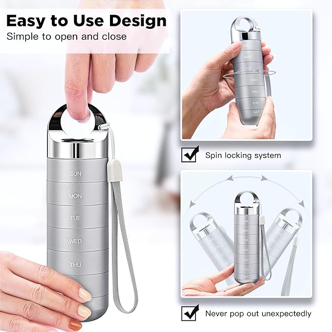 Zannaki Metal Travel Pill Organizer, Portable Waterproof Weekly Pill Box, Large Aluminum Alloy Pill Case Container, BPA Free 7 Day Daily Medicine Organizer Holder for Vitamin, Fish Oil, Supplement