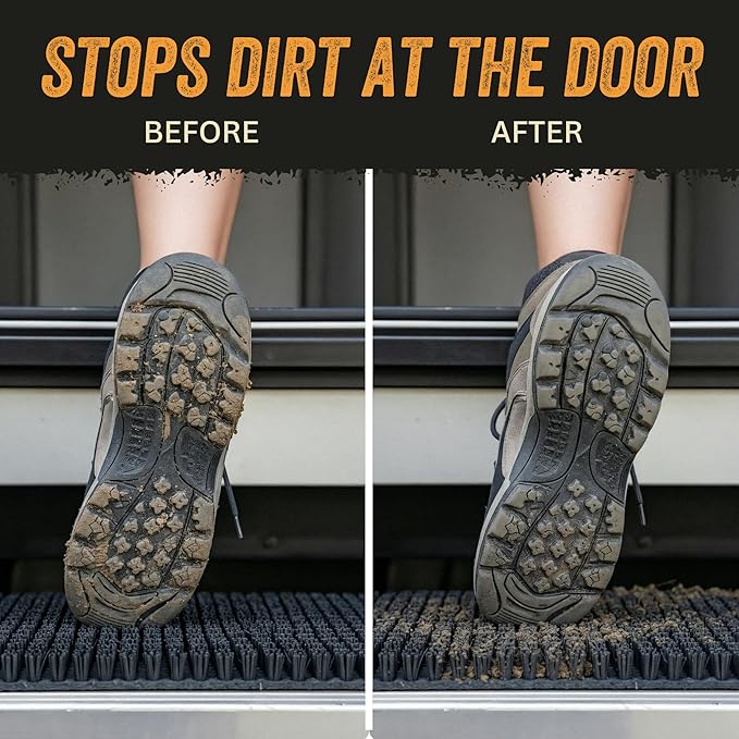 TrailScrubber RV Step Covers, Boot Brush Scrubber Mat for Camper Steps | RV Step Brush & Camper Step Covers, Fits Steps 18.5-22 in Wide, Non Slip Bristle Tread, Hose-off Clean, Straps Included