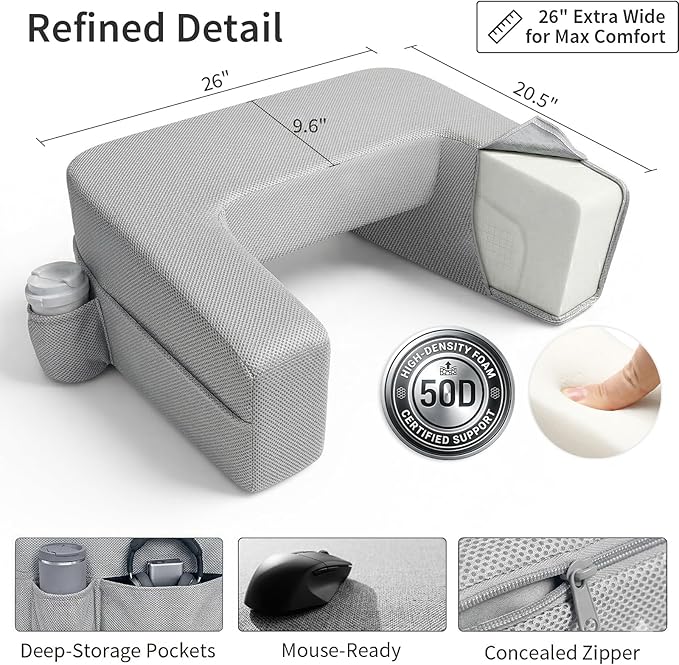 septsun Lap Desk Pillow, Large Ergonomic Couch and Bed Desk for Laptop | Gray Soft Foam Workstation for Gaming, Reading, WFH Fits 13-17" Laptop; Armrest Support, Smooth Mouse Area, Large Pockets