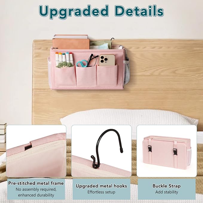 Bedside Caddy Storage Organizer for Bed Rails, Bed Caddy with 6 Pockets | Bedside Organizer with Fixed Straps and Hooks, Mattress Supported Versatile for Home, Dorm, Bunk, Hospital and Crib Bed