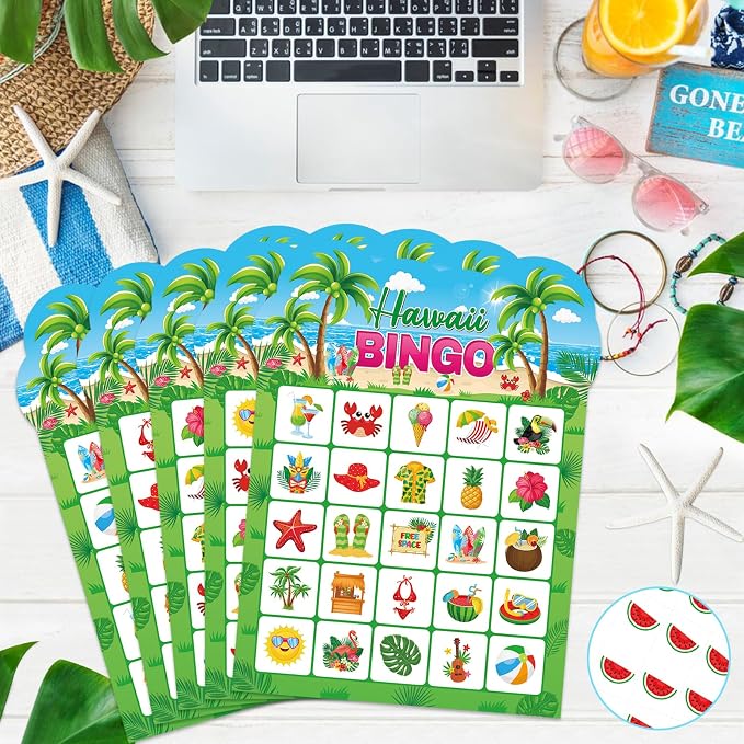 Summer Bingo Game Cards, 24 Players Tropical Hawaiian Bingo Cards for School Classroom Family Activities Summer Party Favors Supplies