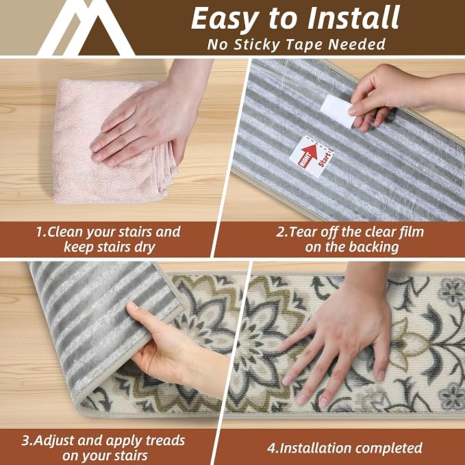 COSY HOMEER Stair Treads for Wooden Steps Non Slip Washable 8" X 30" 4pcs | Self Adhesive,Peel and Stick,Soft Carpet Stair Treads for Kids,Elder,Pet,Residue Free,Reusable Stair Runner,Multi-Surface Use