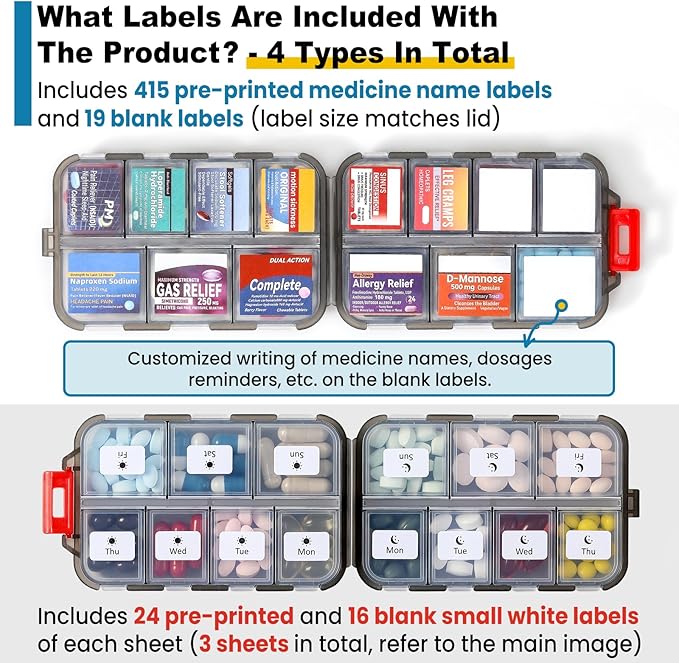 3 Pack 14 Grids Travel Pill Organizer Box with 415-Pcs Medicine Name Labels - Pocket Daily Pharmacy Case Container Kit - Travel Medication Holder Dispenser for Fish Oil Vitamin Supplement - Clear