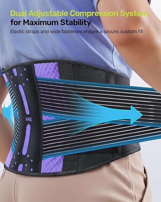 Rakiie Slim Back Brace for Lower Back Pain Relief, Lightweight & Breathable Back Support Brace for Men Women, Ergonomic Light Lumbar Support for Everyday Wear, Purple XXL