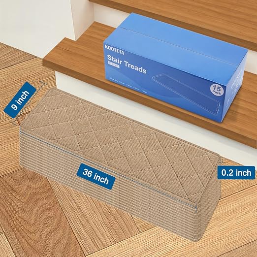 Stair Treads for Wooden Steps Indoor, 15 Pack 9" X 36" Non Slip Carpet Stair Treads with Reusable Adhesive for Kids Elders and Dogs, Surface Polyester TPR Backing Stair Runner Rugs,Beige