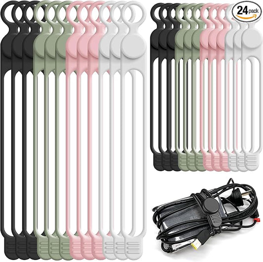 Silicone Cable Ties Cord Organizer for Cable Management, 24PCS 4.2" and 7.1" Reusable Cable Organizer Electronic Accessories for Home, Office, Kitchen, School, Travel (4 Colors)