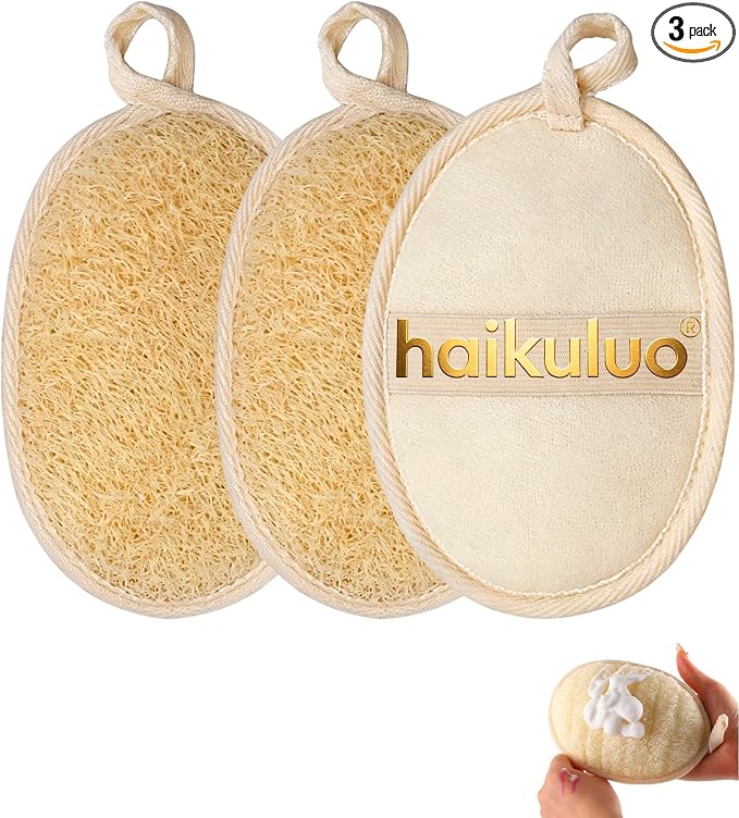 Natural Loofah Body Scrubber Sponge,3 Pack | Body Scrubber,Exfoliator,Bath Sponge,Biodegradable,with Hanging Loop,Gentle Cleanser for Face & Body,for Women and Men