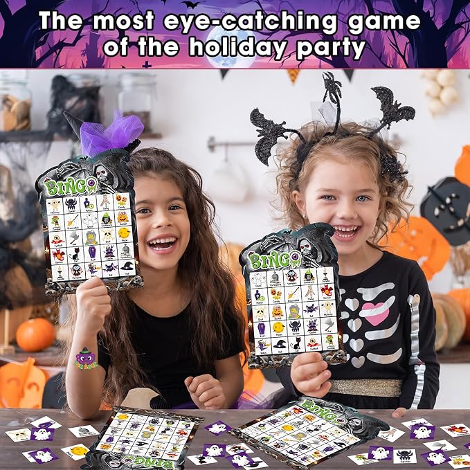 39 Pcs Halloween Party Bingo Game for Adults Kids 24 Players Tomb Shaped Bingo Game Card with Rewards Stickers for Families Friends Students Large Group Gathering Activities Boo Spooky Party Favors