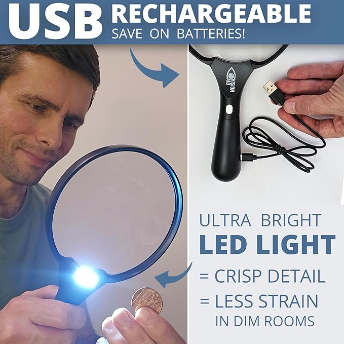Large Magnifying Glass with LED Light (USB Rechargeable) and Hard Case, 45X 20X Handheld Illuminated Big Magnifier Loupe for Jewelry, Reading, Coins, Low Vision, Close Work