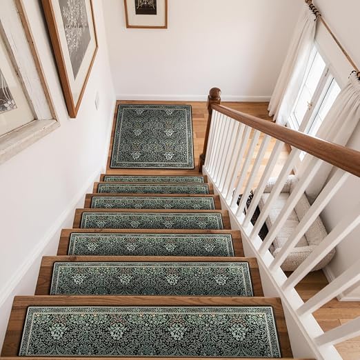 OJIA Floral Stair Treads Landing Mat Non-Slip Stair Runner for Wooden Steps | 31"x31" Indoor Carpet Stair Treads Maching Rug Staircase Step Treads for Kids, Elders and Dogs, Stair Covers, Black