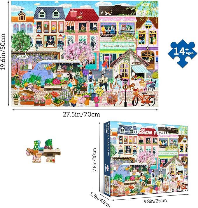 Cottagecore Flower Street Puzzles for Adults 1000 Pieces | 1:1 HD Reference Poster，ABCD Letter Markings on Back,Matte Oil,High Bite Force