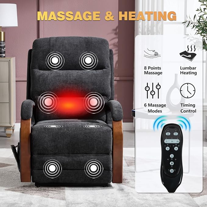 Trustyue Power Lift Recliner Chair, 180° Lay Flat Recliner, Lift Chair with Massage and Heat, Standing Assistance, Living Room Chair for Elderly People Chenille, Black