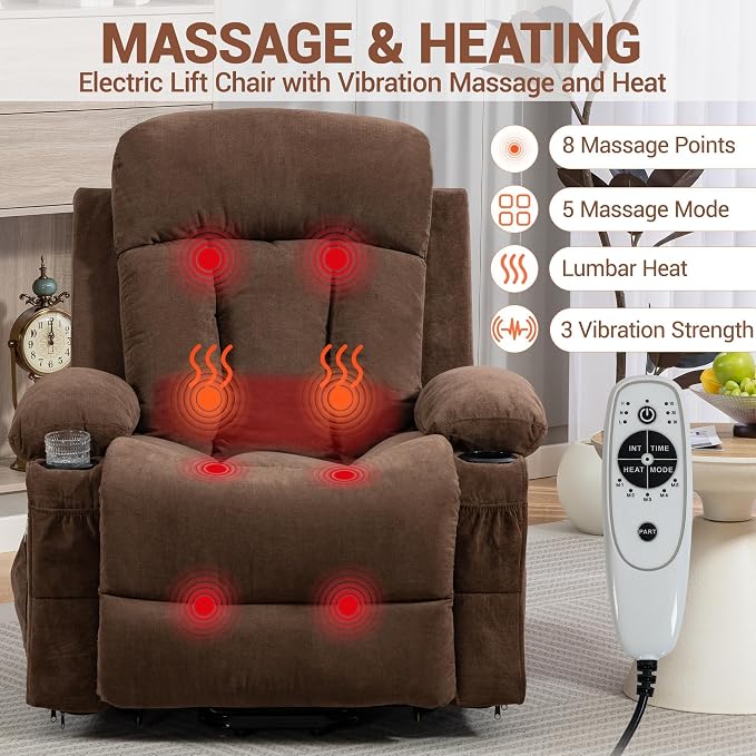 Power Lift Recliner Chair for Elderly, Electric Recliner with Vibration Massage, Lumbar Heat, USB Port & Cup Holders, Ergonomic Living Room Sofa, Brown