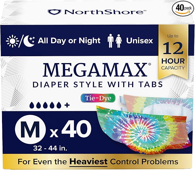 NorthShore MegaMax 12-Hour HBL Adult Diapers for Heavy Bladder Leaks, Medium, 40 Count, Tie-Dye, 32-44 inches, Tab-Style Incontinence Underwear for Men, Women & Teens