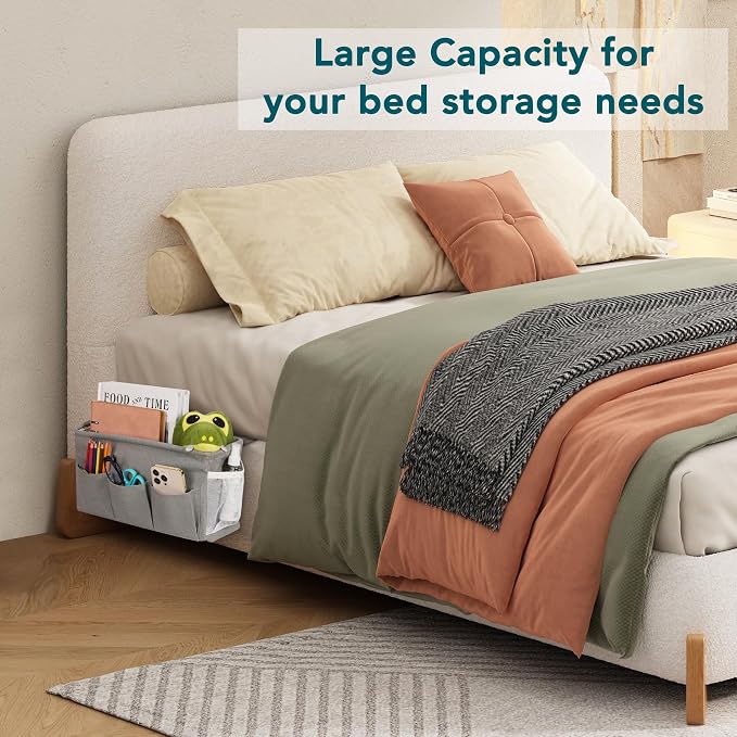 Bedside Caddy Storage Organizer for Bed Rails, Bed Caddy with 6 Pockets | Bedside Organizer with Fixed Straps and Hooks, Mattress Supported Versatile for Home, Dorm, Bunk, Hospital and Crib Bed