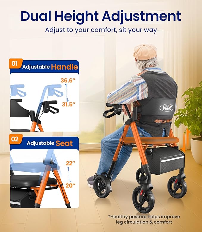 VOCIC Walkers for Seniors, Z21 Rollator Walker with Seat Supports 350lb, 8" Big Wheels for All Terrain, Ergonomic Arc Seat & 6" Ultra Backrest Foldable Walker, Dual Height Adjustment, Lightweight 2025
