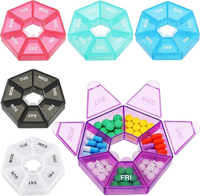 6 Count Heptagon Weekly Pill Organizers – 7-Day Pill Boxes with Mon–Sun Labels, 3.27" Portable Vitamin Case, Secure Snap Lids, 9 Color Sets for Travel & Daily Storage