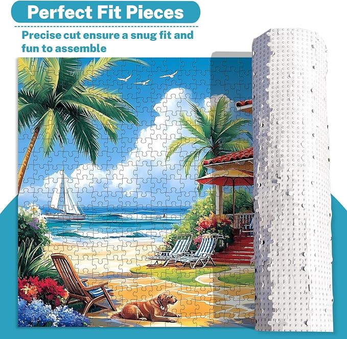 500 Piece Puzzle for Adults – Coastal Beach House Jigsaw Puzzles 500 Pieces, Ocean View Vacation Scene with Palm Trees & Dog, Relaxing Adult Puzzle, 20.5 x 15 in