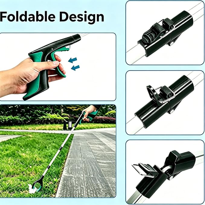 43" Extra Long Reacher Grabber Tool, Foldable, with 360° Rotating Jaw and Magnet, Trash Claw Pickup Tool for Seniors, Green