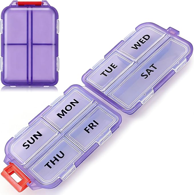 7 Day Compact Pill Organizer, Foldable Portable Travel Pill Box with Double Protection, Daily Small Pill Case Dispenser for Medication, Vitamins, Supplements (Clear Purple)