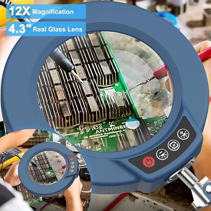 12X Magnifying Glass with Light and Stand, 5 Color Modes Stepless Dimmable 2-in-1 Lighted Magnifier with Clamp, LED Desk Lamp Hands Free for Crafts Hobby Reading Painting Sewing Close Work Blue