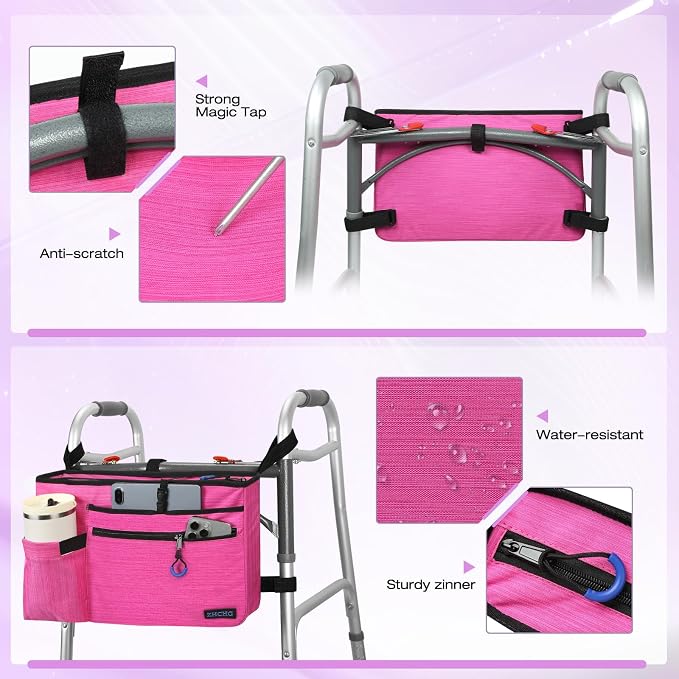 ZHCHG Walker Bag with Cup Holder, Walker Accessories for Seniors Detachable | Foldable Walker Basket with Large Capacity, Best Gift (Not Fit Rollator Walkers)- Pink