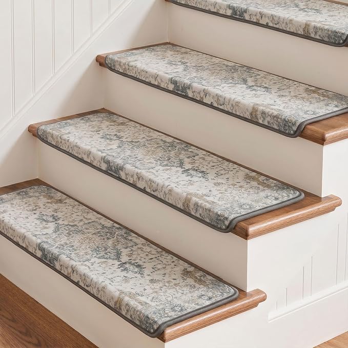 SARBEN 9.5"x30" Non Slip Bullnose Stair Treads for Wooden Steps 15Pk,Taupe | Peel and Stick Carpet Stair Runner with TPE Adhesive Backing, Carpet for Added Safety, Pet and Senior Friendly