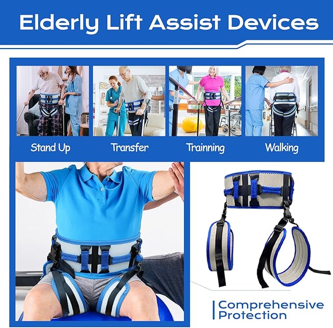 Adjustable Gait Belts for Seniors with Handles, Gate Belts Medical for Elderly, Transfer Belt for Elderly and Disabled, Safety Belt for Elderly Walking, Transfer Sling to Wheelchair (Blue)